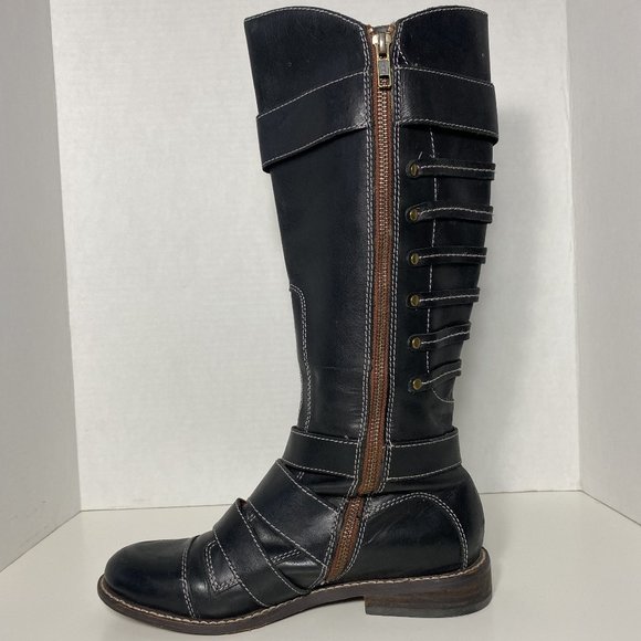 Lucky Brand Women Boots Knee High Combat Buckle Leather Black Sz 7 - Picture 8 of 16